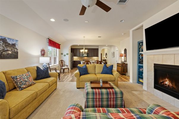 Chandelier, Dining room, Fireplace, Interior, Kitchen, Living room, Pendant Lights, Recessed Lighting, Wood Texture Flooring