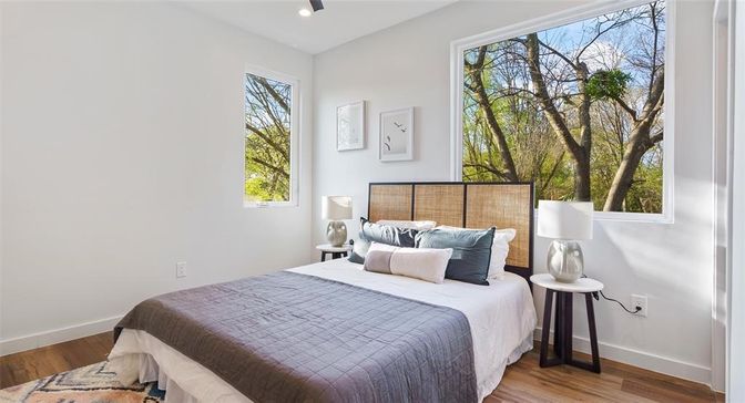 Bedroom, Interior, Recessed Lighting, Wood Texture Flooring