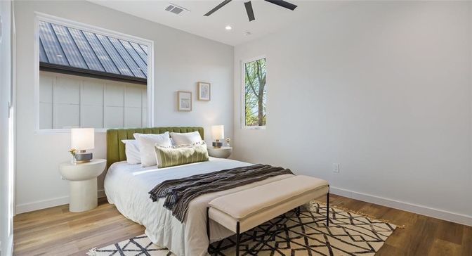 Bedroom, Interior, Recessed Lighting, Wood Texture Flooring