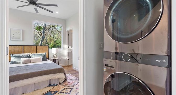 Bedroom, Interior, Recessed Lighting, Washer, Wood Texture Flooring