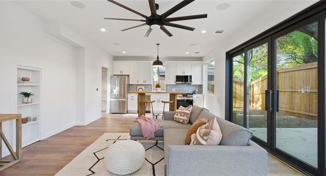 Interior, Kitchen, Living room, Pendant Lights, Recessed Lighting, Stainless Steel Appliances, Wood Texture Flooring