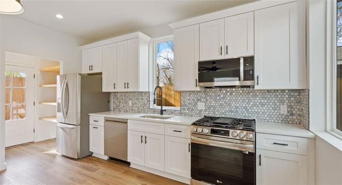 Interior, Kitchen, Recessed Lighting, Stainless Steel Appliances, Wood Texture Flooring