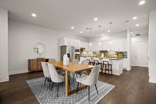 Dining room, Interior, Kitchen, Pendant Lights, Recessed Lighting, Stainless Steel Appliances, Wood Texture Flooring