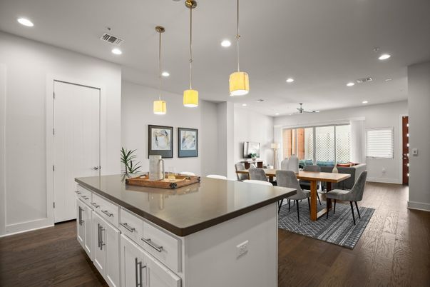 Dining room, Interior, Kitchen, Pendant Lights, Recessed Lighting, Wood Texture Flooring