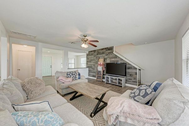 Interior, Living room, Recessed Lighting, Stone Walls, Wood Texture Flooring