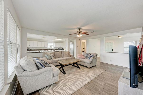 Interior, Kitchen, Living room, Recessed Lighting, Wood Texture Flooring