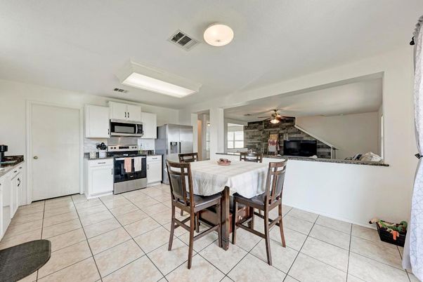 Dining room, Interior, Kitchen, Stainless Steel Appliances, Stone Walls