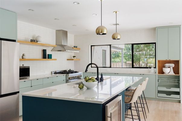 Interior, Kitchen, Pendant Lights, Recessed Lighting, Stainless Steel Appliances, Wood Texture Flooring