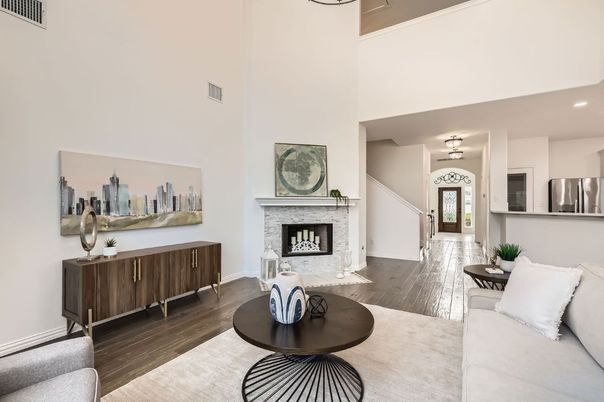 Fireplace, Interior, Living room, Recessed Lighting, Wood Texture Flooring