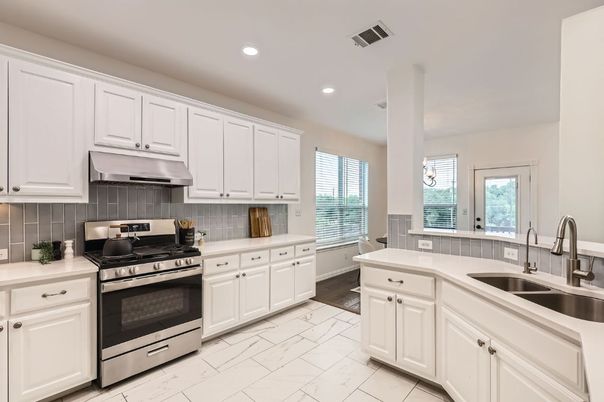 Interior, Kitchen, Marble, Recessed Lighting, Stainless Steel Appliances, Wood Texture Flooring