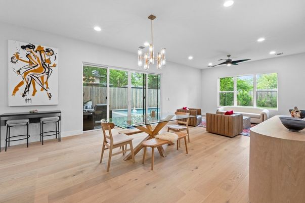 Dining room, Interior, Living room, Pendant Lights, Recessed Lighting, Wood Texture Flooring