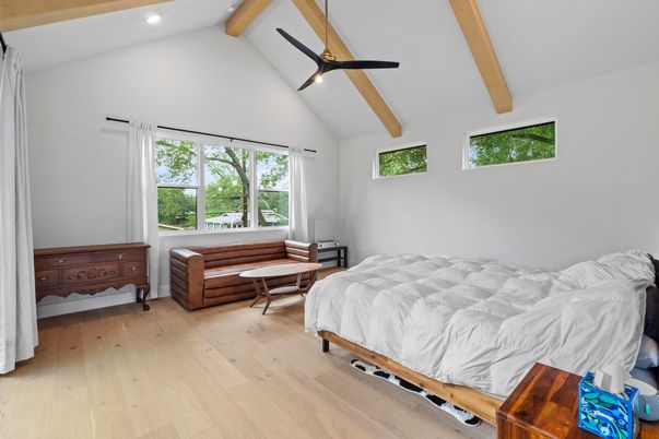 Bedroom, Interior, Recessed Lighting, Wooden Beams, Wood Texture Flooring