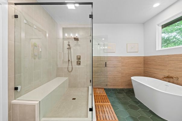 Bathroom, Free Standing Baths, Glass Shower, Interior, Recessed Lighting