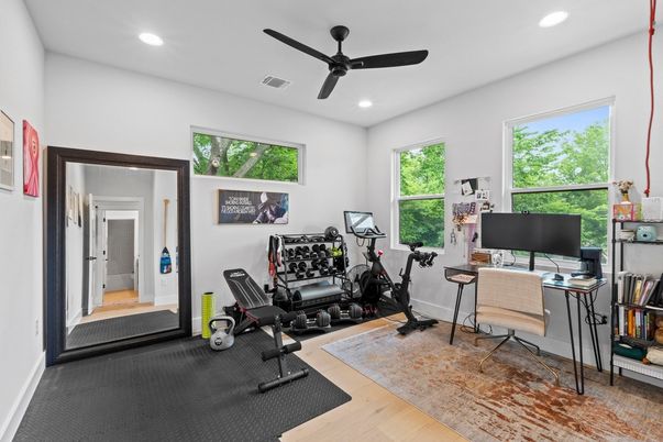 Fitness Equipment, Home Office, Interior, Recessed Lighting, Wood Texture Flooring