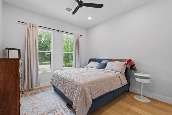 Bedroom, Interior, Recessed Lighting, Wood Texture Flooring