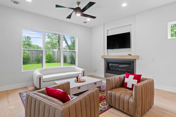 Fireplace, Interior, Living room, Recessed Lighting, Wood Texture Flooring