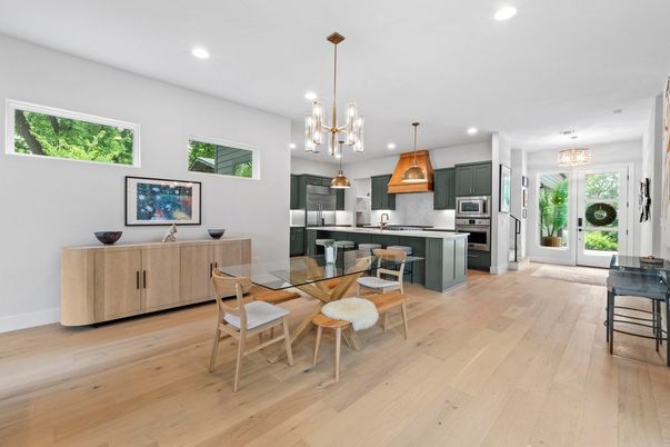 Dining room, Interior, Kitchen, Pendant Lights, Recessed Lighting, Stainless Steel Appliances, Wood Texture Flooring