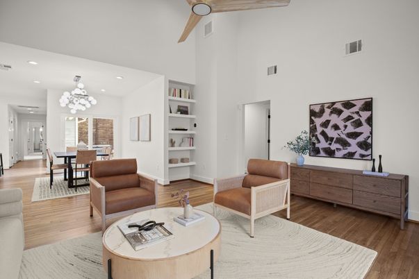 Chandelier, Dining room, Interior, Living room, Recessed Lighting, Wood Texture Flooring