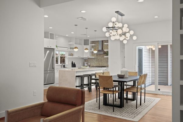 Dining room, Interior, Kitchen, Pendant Lights, Recessed Lighting, Stainless Steel Appliances, Wood Texture Flooring