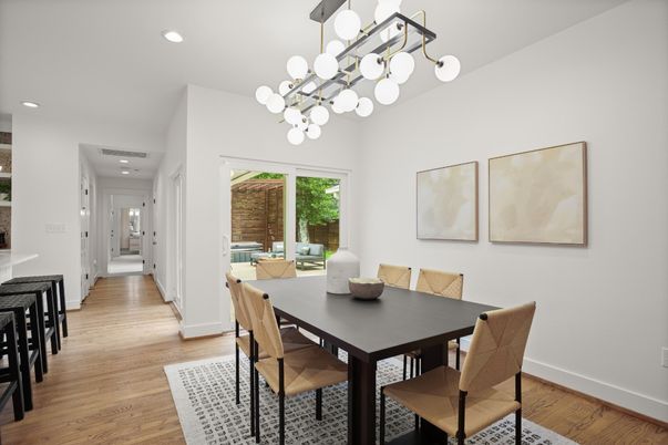 Dining room, Interior, Pendant Lights, Recessed Lighting, Wood Texture Flooring