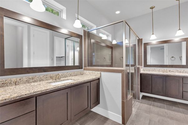 Bathroom, Dual Sink Vanities, Glass Shower, Interior, Pendant Lights, Recessed Lighting