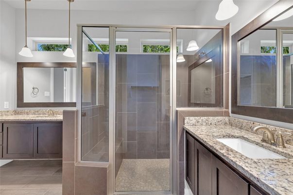 Bathroom, Dual Sink Vanities, Glass Shower, Interior, Pendant Lights