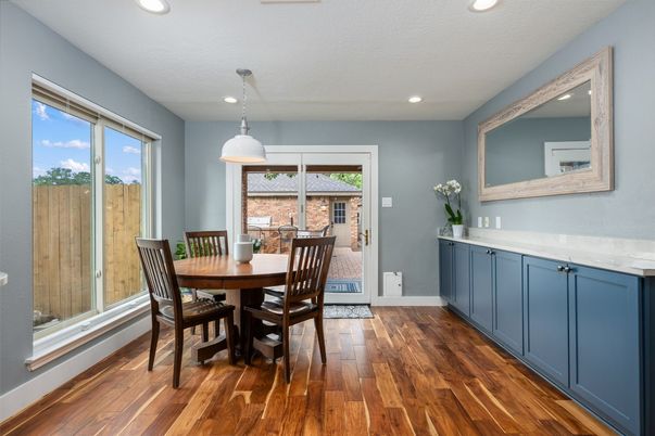 Dining room, Interior, Pendant Lights, Recessed Lighting, Wood Texture Flooring