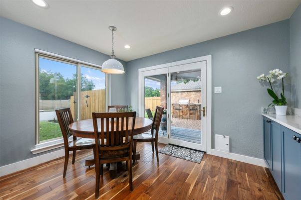 Dining room, Interior, Pendant Lights, Recessed Lighting, Wood Texture Flooring