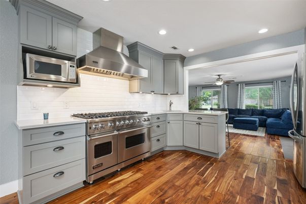 Interior, Kitchen, Living room, Recessed Lighting, Stainless Steel Appliances, Wood Texture Flooring