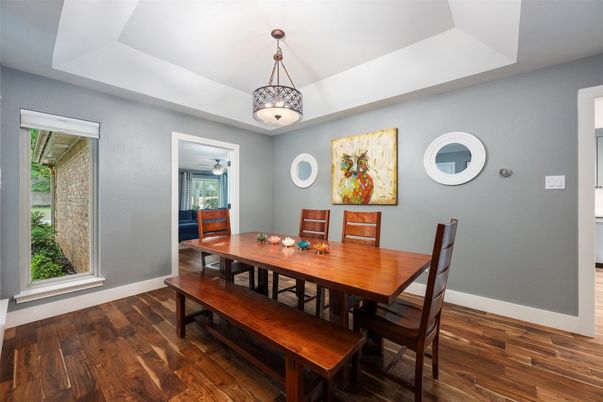 Dining room, Interior, Pendant Lights, Wood Texture Flooring
