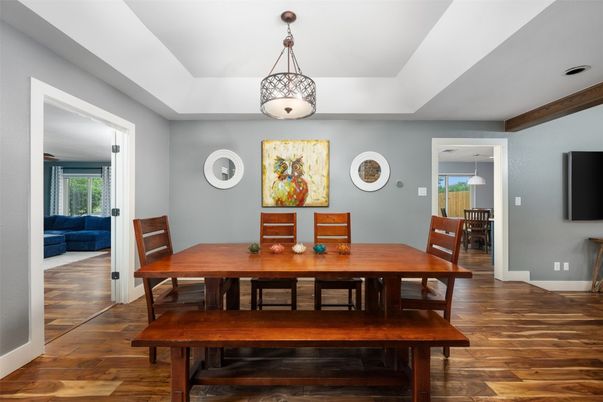 Dining room, Interior, Pendant Lights, Wood Texture Flooring