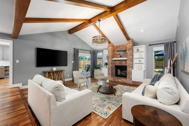 Fireplace, Interior, Living room, Recessed Lighting, Stone Walls, Wooden Beams, Wood Texture Flooring