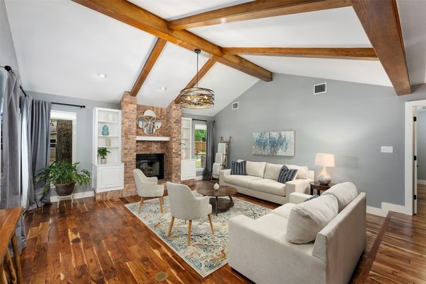 Fireplace, Interior, Living room, Recessed Lighting, Stone Walls, Wooden Beams, Wood Texture Flooring