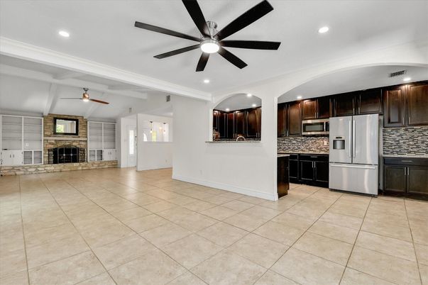 Fireplace, Interior, Kitchen, Recessed Lighting, Stainless Steel Appliances