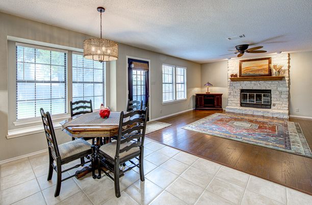 Dining room, Fireplace, Interior, Pendant Lights, Wood Texture Flooring