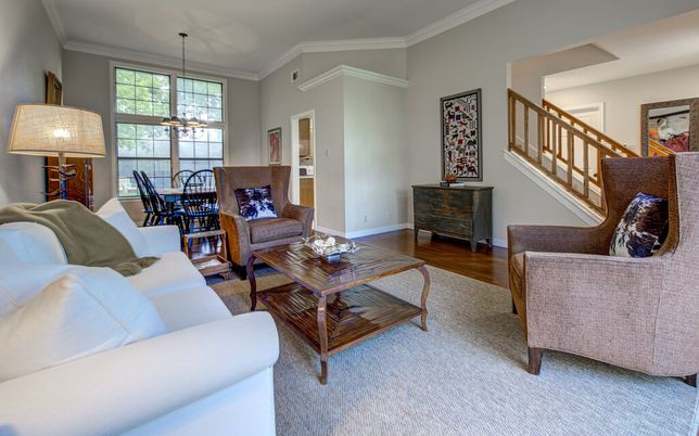 Dining room, Interior, Living room, Pendant Lights, Wood Texture Flooring