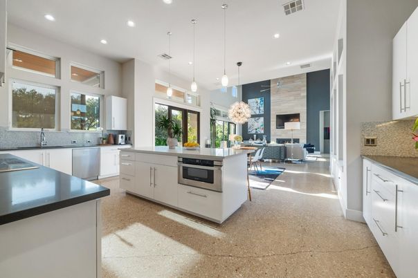 Fireplace, Interior, Kitchen, Pendant Lights, Recessed Lighting, Stainless Steel Appliances