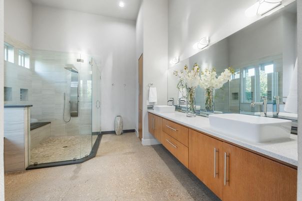 Bathroom, Dual Sink Vanities, Glass Shower, Interior, Recessed Lighting