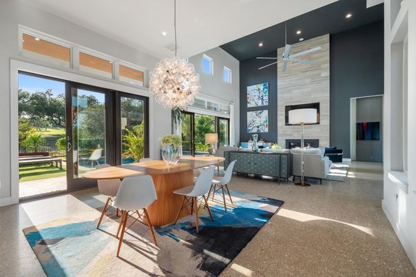 Dining room, Fireplace, Interior, Living room, Pendant Lights, Recessed Lighting
