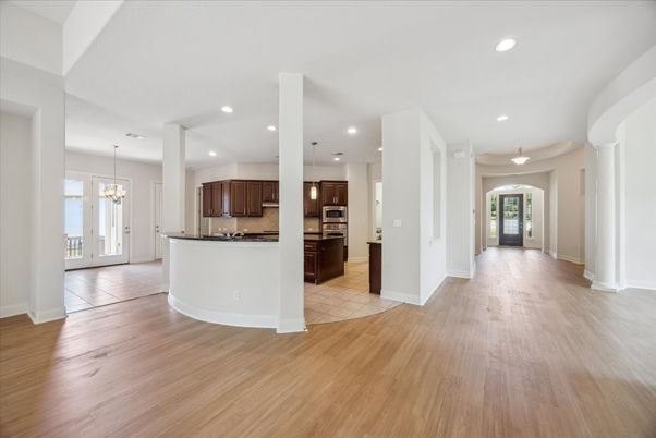 Chandelier, Interior, Kitchen, Pendant Lights, Recessed Lighting, Wood Texture Flooring