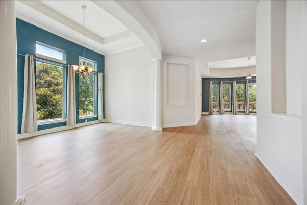 Chandelier, Empty room, Interior, Pendant Lights, Recessed Lighting, Wood Texture Flooring