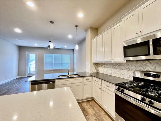 Interior, Kitchen, Pendant Lights, Recessed Lighting, Stainless Steel Appliances, Wood Texture Flooring