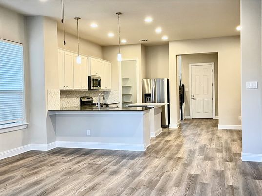 Interior, Kitchen, Pendant Lights, Recessed Lighting, Stainless Steel Appliances, Wood Texture Flooring