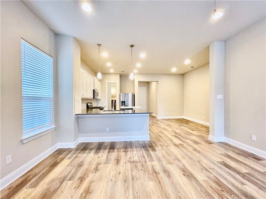 Empty room, Interior, Kitchen, Pendant Lights, Recessed Lighting, Wood Texture Flooring