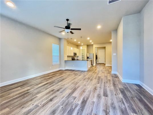 Empty room, Interior, Kitchen, Recessed Lighting, Wood Texture Flooring