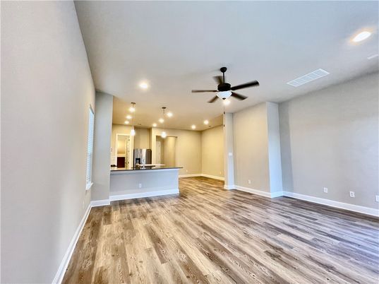Empty room, Interior, Kitchen, Pendant Lights, Recessed Lighting, Wood Texture Flooring
