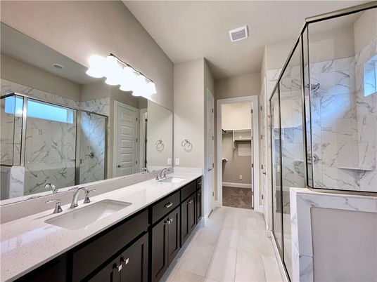 Bathroom, Dual Sink Vanities, Glass Shower, Interior, Marble Walls