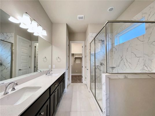 Bathroom, Dual Sink Vanities, Glass Shower, Interior, Marble Walls