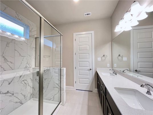 Bathroom, Dual Sink Vanities, Glass Shower, Interior, Marble Walls