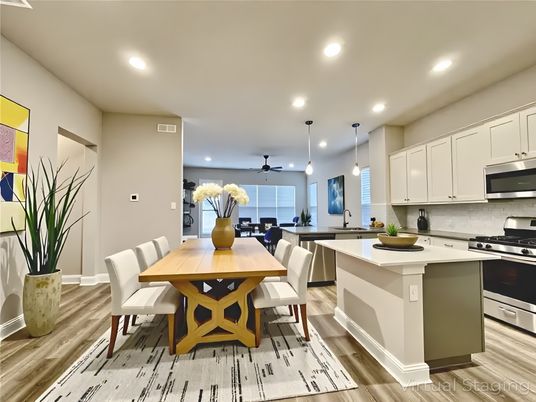 Dining room, Interior, Kitchen, Pendant Lights, Recessed Lighting, Stainless Steel Appliances, Wood Texture Flooring